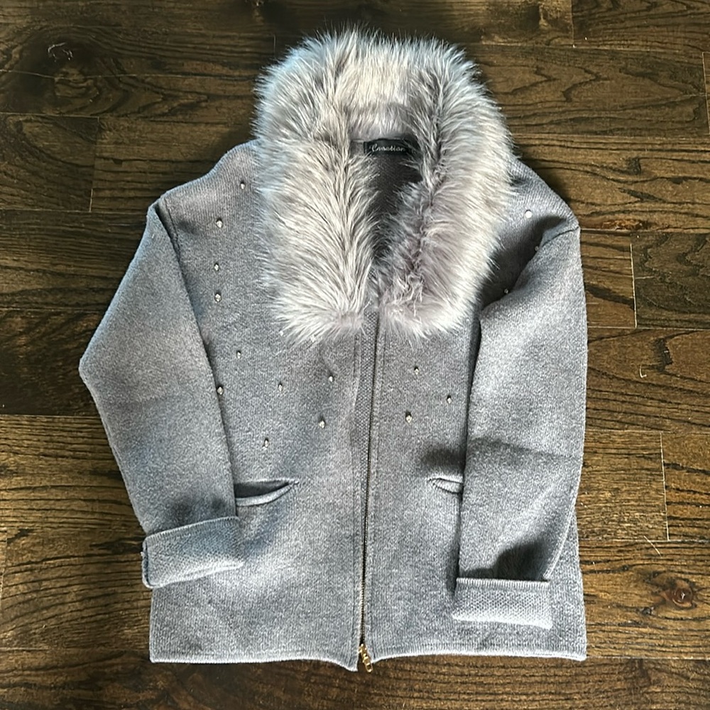 Creations cardigan style sweater with fur around collar
